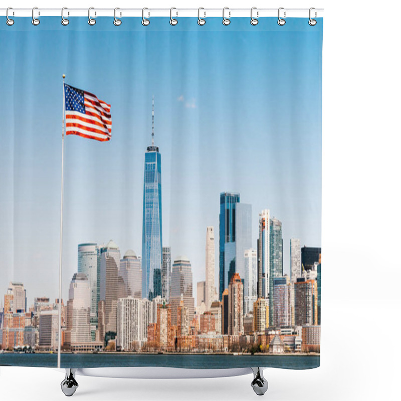 Personality  American National Flag On Sunny Day With New York City Manhattan Island In Background. America Cityscape, Or United States Nation Symbol Concept Shower Curtains