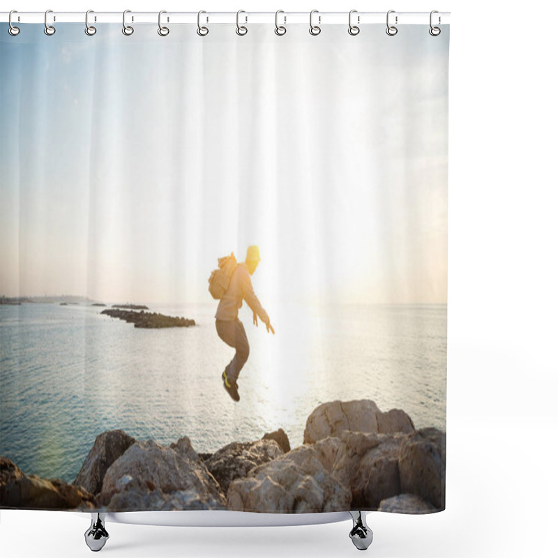 Personality  Man With Backpack Jumping Over Rocks Shower Curtains