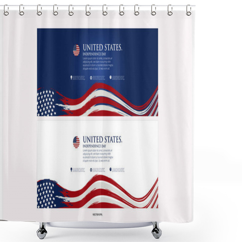 Personality  4th Of July Independence Day Poster, Banner, Flyer, Background, Template, With The Greeting, Usa Flag Waving Ribbon, Bunting Decoration, And American Famous Landmarks In The Background. Shower Curtains