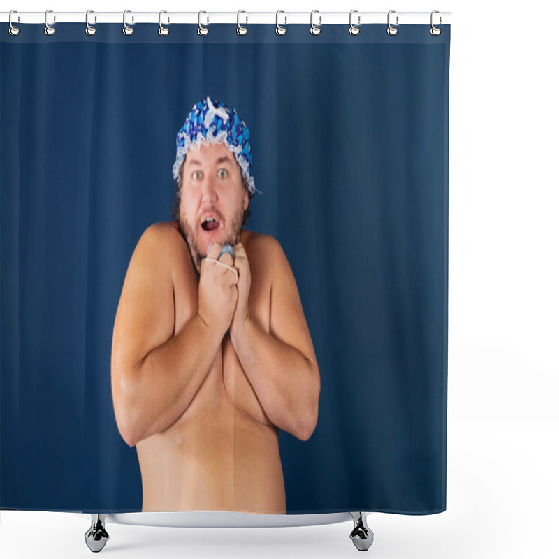 Personality  Funny Fat Man In Blue Cap And With Sponge In The Shower. Fun And Cleanliness Shower Curtains