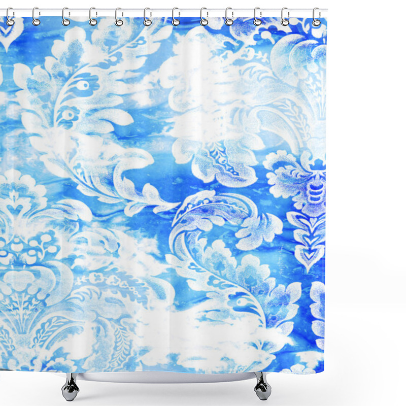 Personality  Abstract Textured Background: White Floral Patterns On Blue Backdrop Shower Curtains