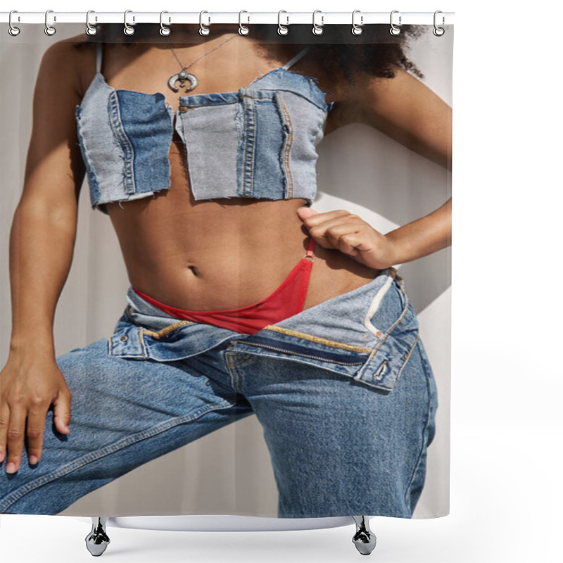 Personality  A Confident Young Woman Models Trendy Denim Attire Against A Chic Backdrop, Exuding Style. Shower Curtains