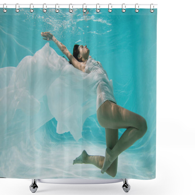 Personality  Graceful Woman In White Dress Diving In Pool  Shower Curtains