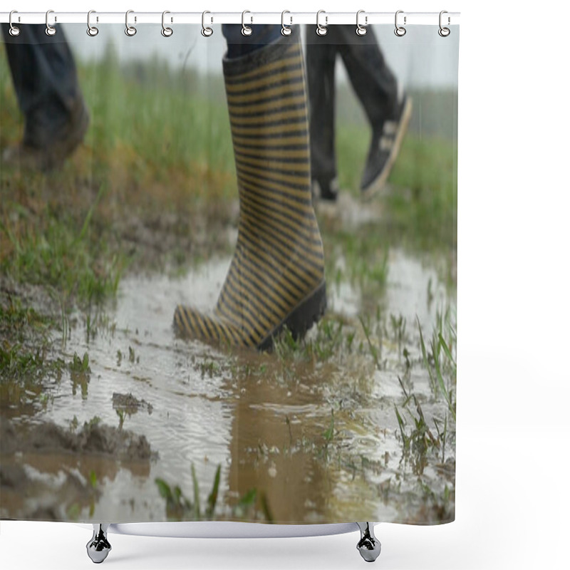 Personality  People In Rubber Boots Are On The Ground. Feet In Rubber Boots Rain Puddle. People In Rubber Boots Go Through A Puddle Shower Curtains