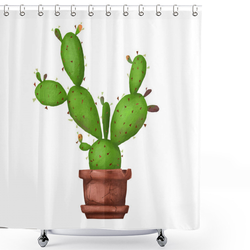 Personality  Flowerpot With Green Ripe Cactus With Prickly And Thorns Painted In Digital. Botanical Illustration, Desert, Tropical Fruits, Prickly Pear Illustration, Opuntia Art, Design, And Decor Elements. Shower Curtains