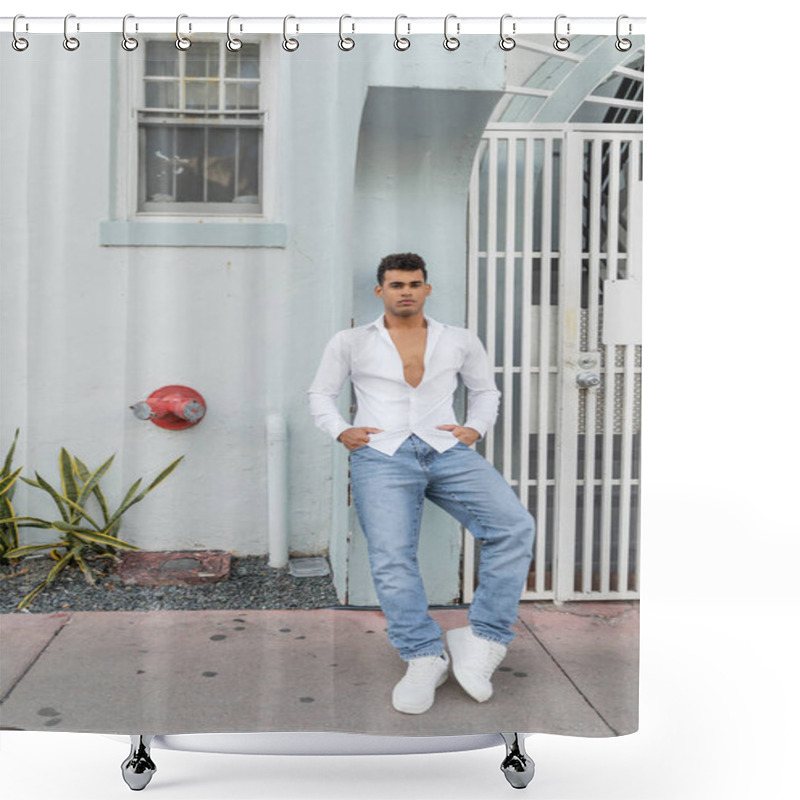 Personality  Full Length Of Trendy Cuban Man In Shirt And Jeans Standing Near Building With Gate In Miami Shower Curtains