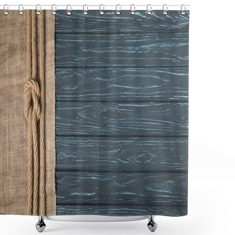 Personality  Top View Of Knotted Brown Nautical Rope On Sackcloth On Wooden Surface Shower Curtains