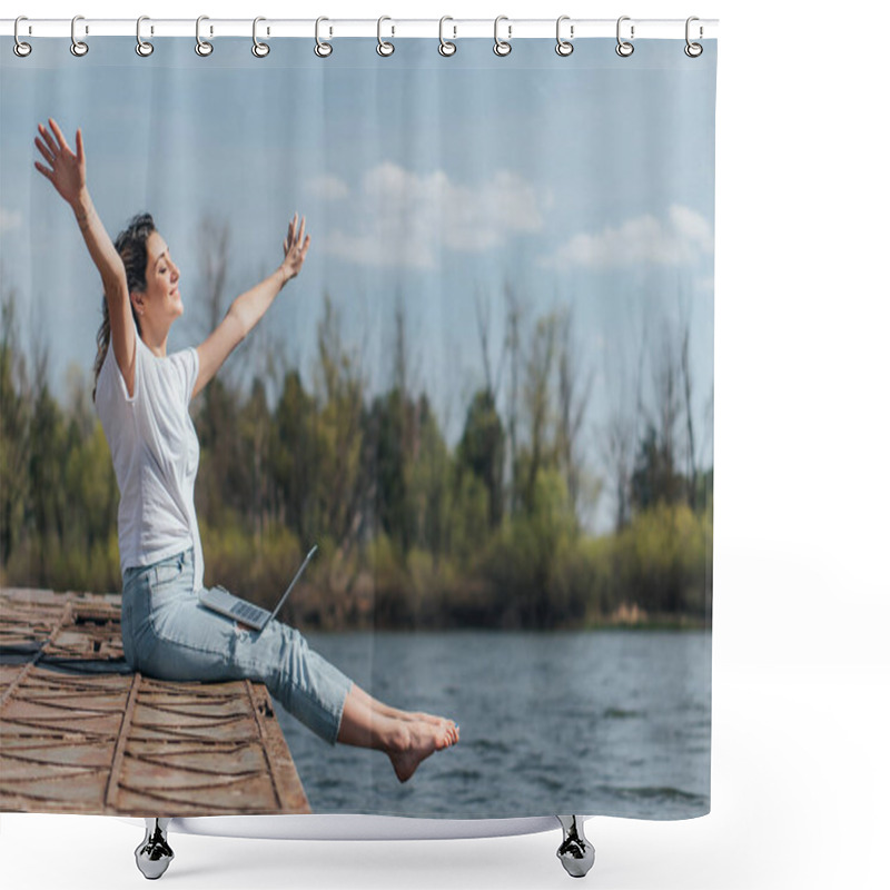 Personality  Cheerful Woman With Outstretched Hands Sitting Near Lake  Shower Curtains