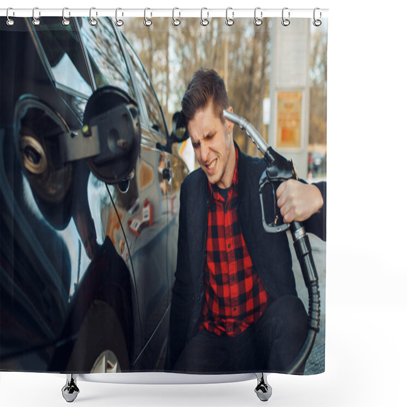 Personality  Stressed Man With Gun At His Head On Gas Station, High Price On Fuel Concept. Petrol Fueling, Gasoline Or Diesel Refuel Service Shower Curtains