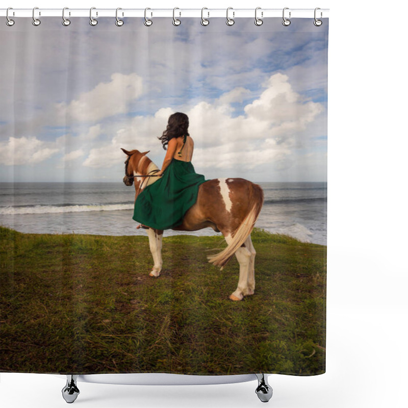 Personality  Woman Riding Horse Near The Ocean. Outdoor Activities. Asia Woman Wearing Long Green Dress. Traveling Concept. Cloudy Sky. View From Back. Vertical Layout. Copy Space. Bali, Indonesia Shower Curtains