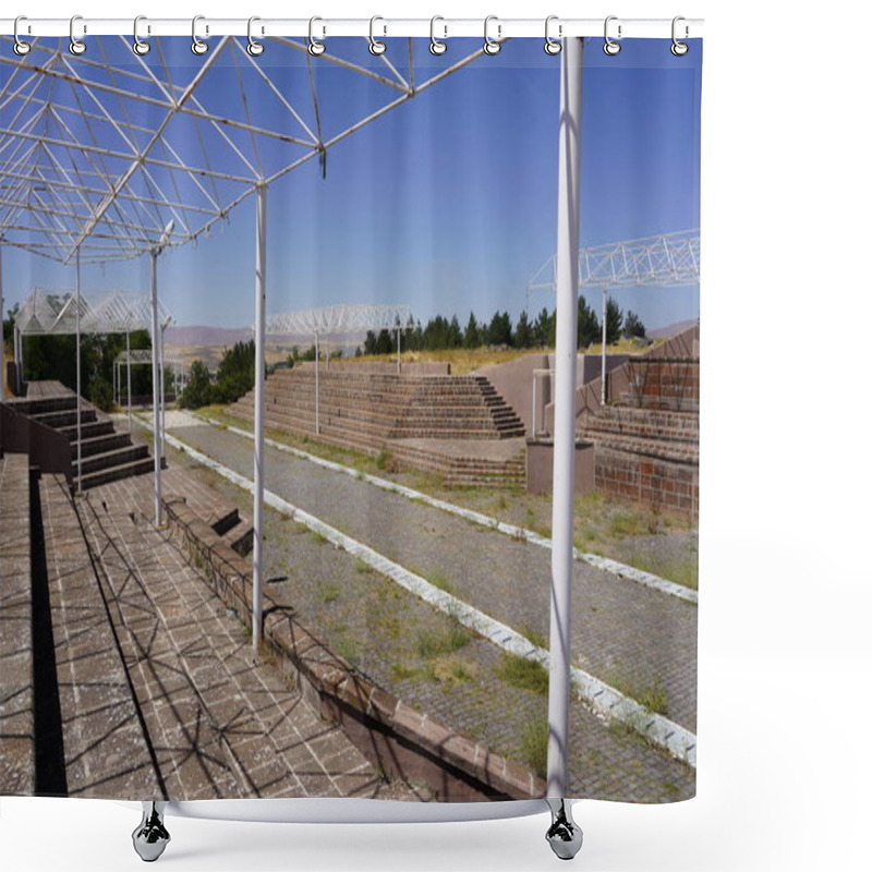 Personality  Modern Minimalism: A Steel Canopy Over Brick Stairs, Symbolizing Support And Progress Under An Open Sky Shower Curtains