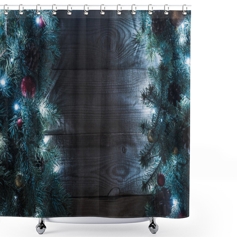 Personality  Top View Of Beautiful Christmas Tree Branches With Baubles, Pine Cones And Illuminated Garland On Wooden Background  Shower Curtains