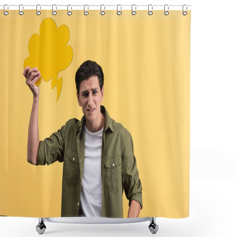 Personality  Stressed Man Holding Cloud Speech Bubble, Isolated On Yellow Shower Curtains