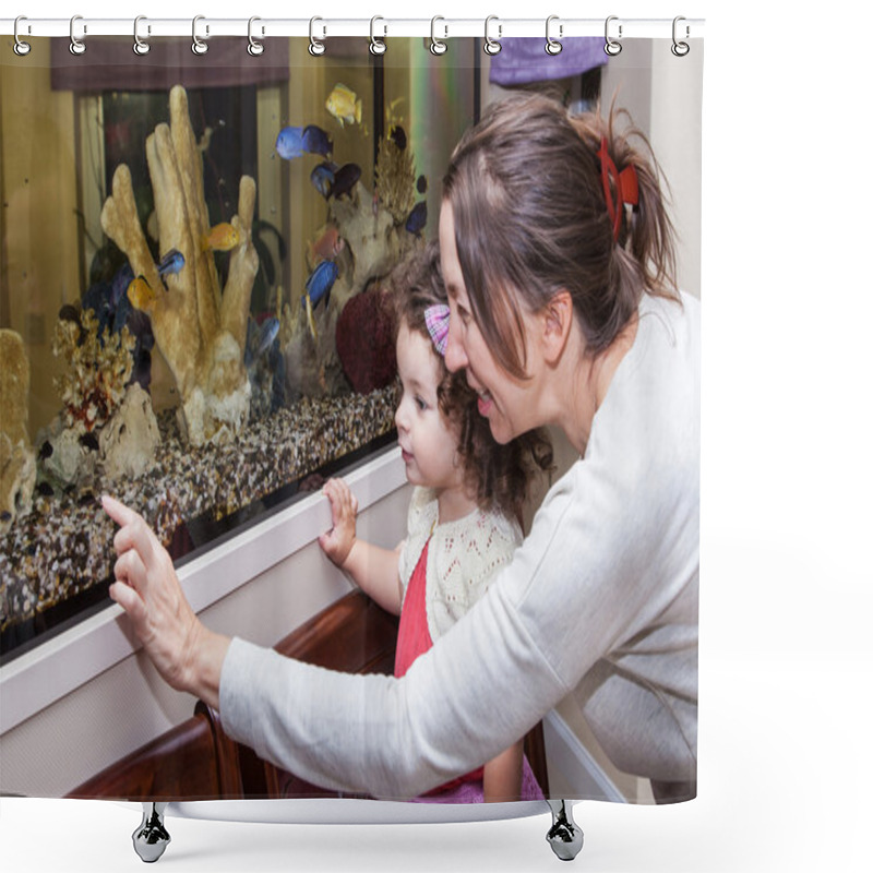 Personality  Grandmother And Granddaughter Near Aquarium Shower Curtains