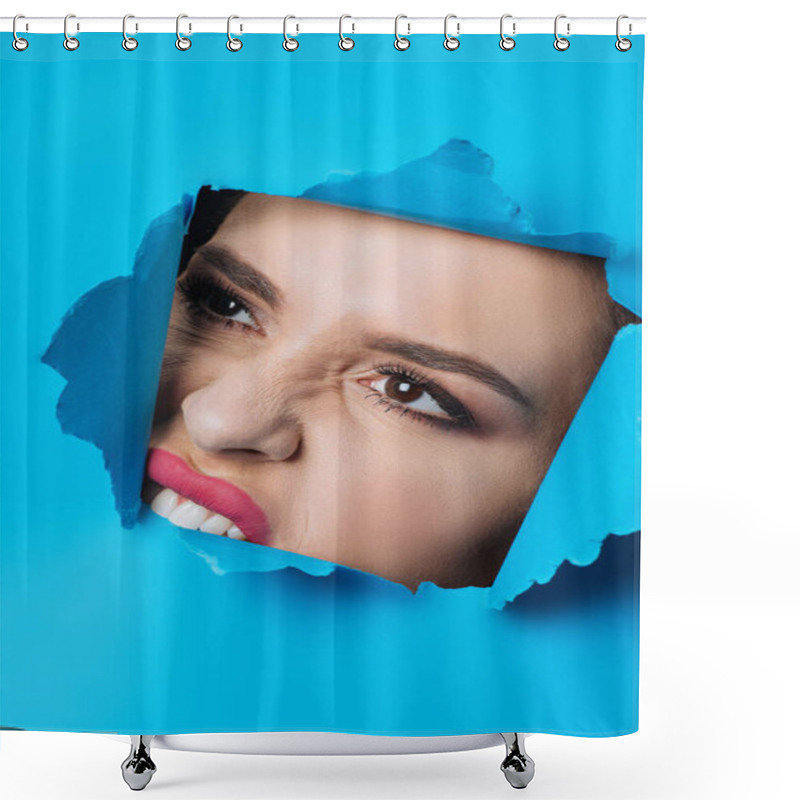 Personality  Woman With Pink Lips And Smoky Eyes Biting Ripped Blue Paper Across Hole Shower Curtains