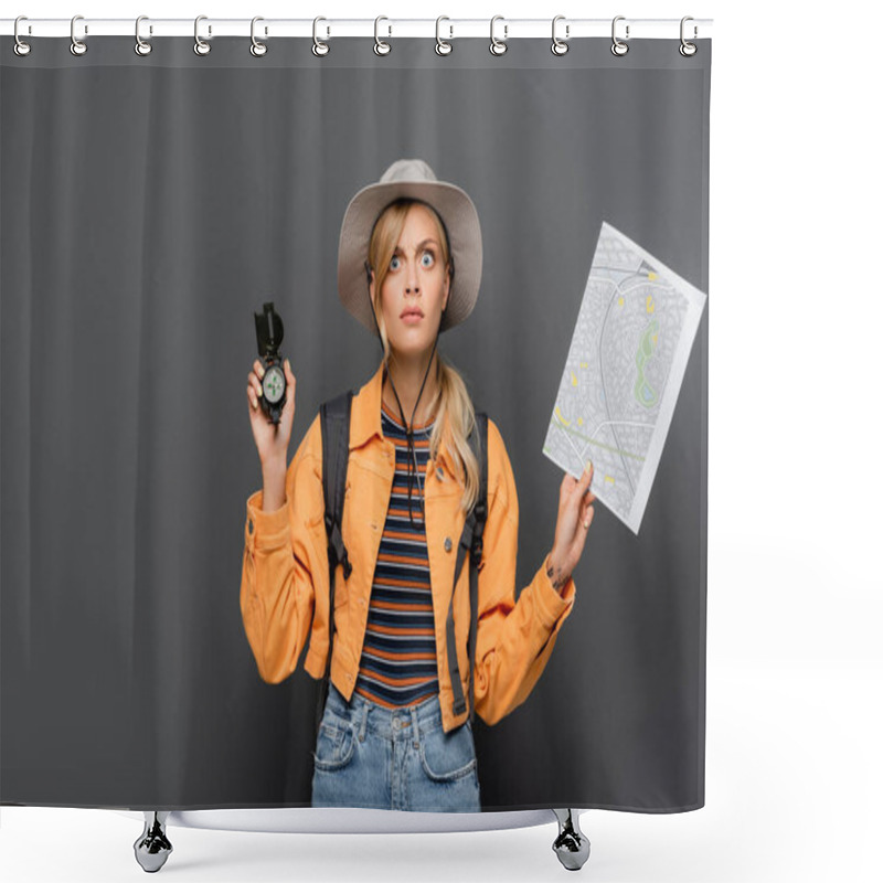 Personality  Thoughtful Traveler With Backpack Holding Compass And Map Isolated On Grey  Shower Curtains