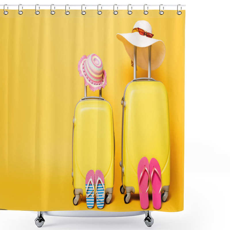 Personality  Mother And Daughter Travel Bags With Flip Flops, Sun Hats And Sunglasses Isolated On Yellow Shower Curtains