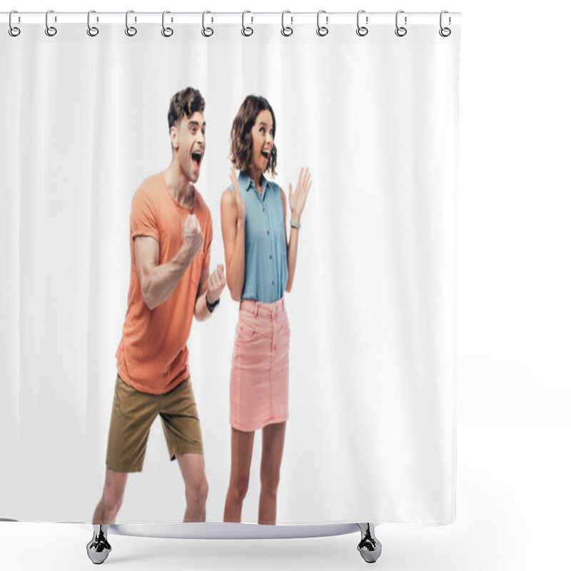 Personality  Excited Man And Woman Looking Away And Showing Yes Gestures Isolated On White Shower Curtains