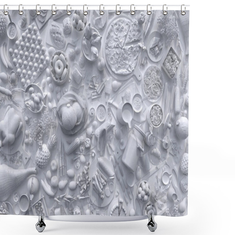 Personality  Monochrome Composition Of White Relief Figures Of Different Foods And Drinks On A White Background. 3D Panel With A Set Of Food In A Top View. 3D Rendering. Shower Curtains