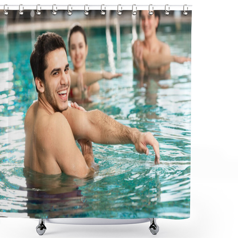 Personality  Smiling Trainer Looking At Camera While Exercising With Young People In Swimming Pool Shower Curtains