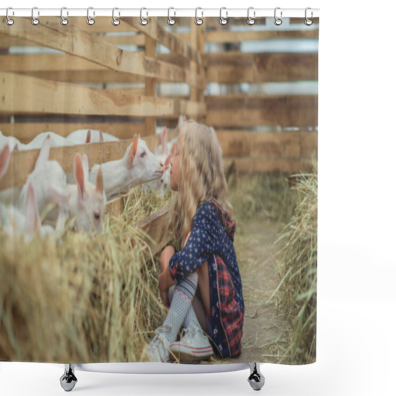 Personality  Side View Of Kid Going To Kiss Goat At Barn Shower Curtains