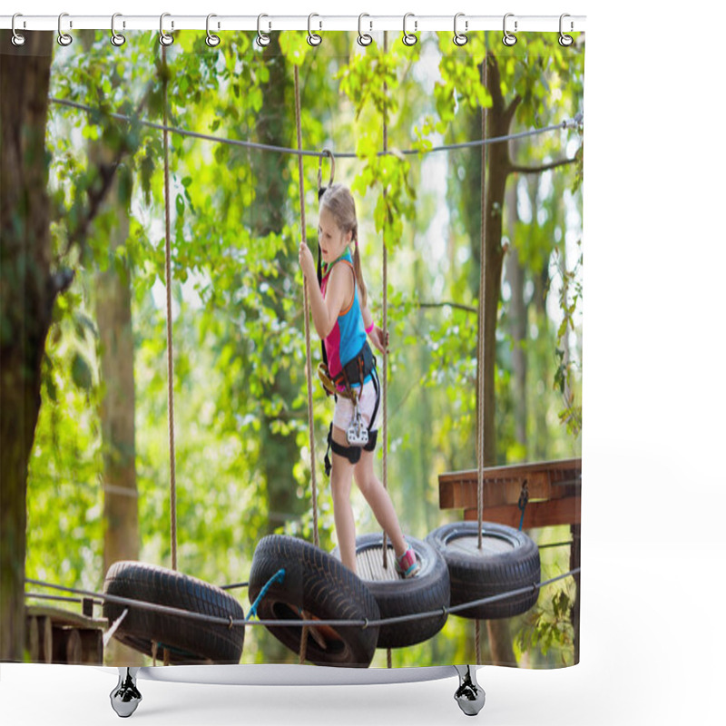 Personality  Child In Adventure Park. Kids Climbing Rope Trail. Shower Curtains