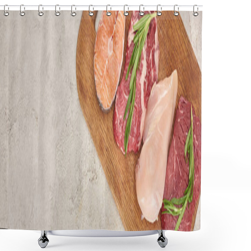 Personality  Panoramic Shot Of Raw Meat, Fish And Poultry With Rosemary Twigs On Wooden Cutting Board On Marble Surface With Copy Space Shower Curtains