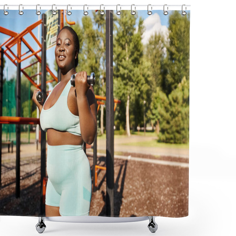 Personality  African American Woman In Sportswear Confidently Exercising In Front Of Gym Equipment. Shower Curtains