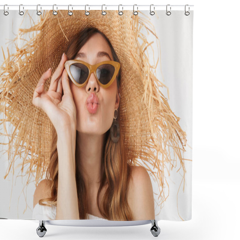 Personality  Portrait Of Stylish Fashionable Woman 20s Wearing Big Straw Hat And Sunglasses Giving Kiss At Camera Isolated Over White Background Shower Curtains