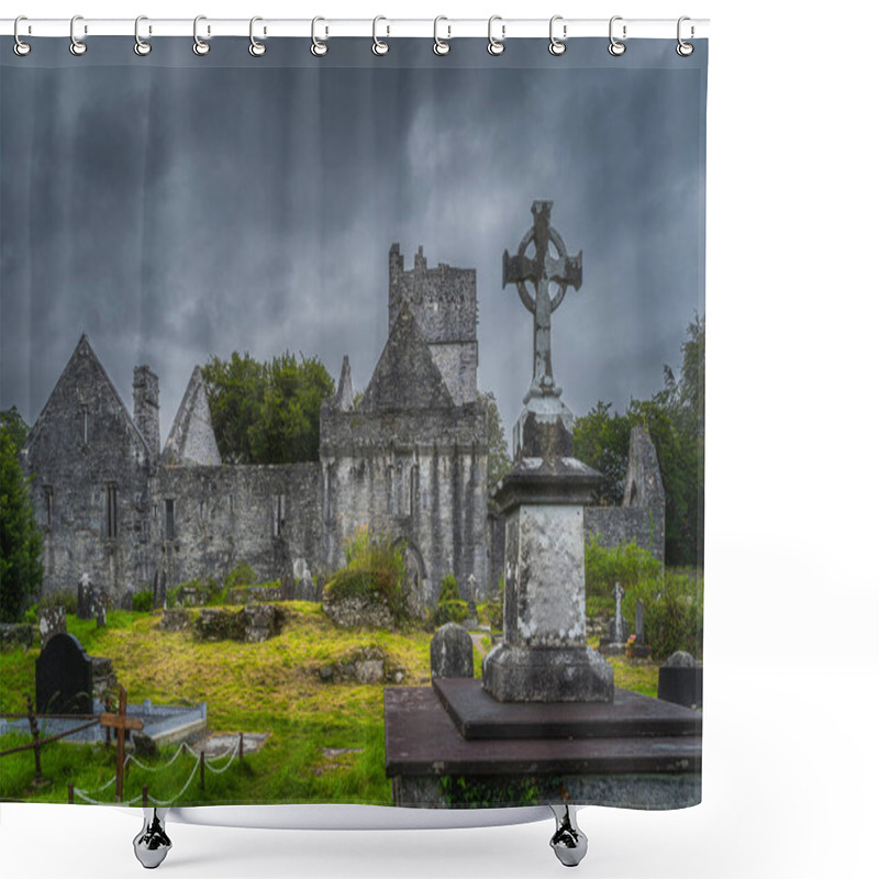 Personality  Ancient Graveyard With Celtic Cross Tombstone And Ruins Of 15th Century Muckross Abbey, Killarney National Park, Kerry, Ireland Shower Curtains