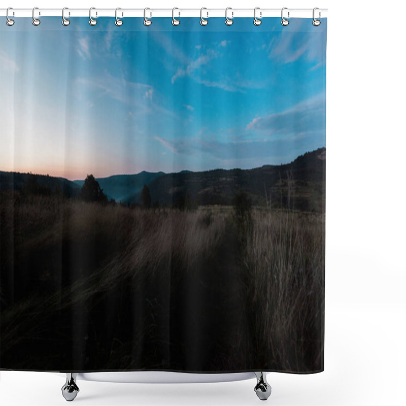 Personality  Sunset In Dark Forest Against Blue Sky With Clouds Shower Curtains