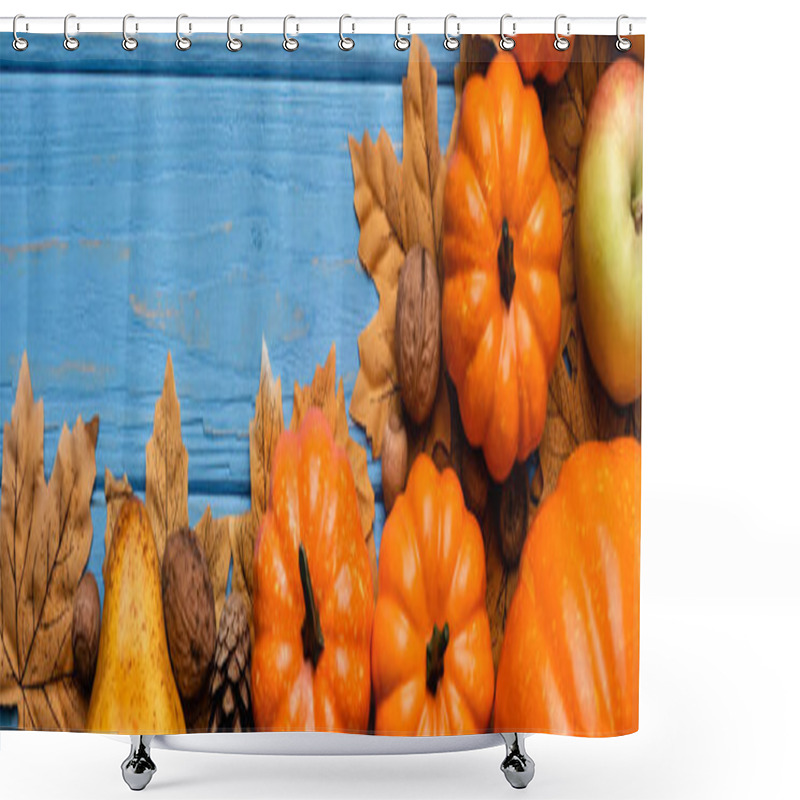 Personality  Top View Of Autumnal Harvest And Foliage On Blue Wooden Background, Panoramic Shot Shower Curtains