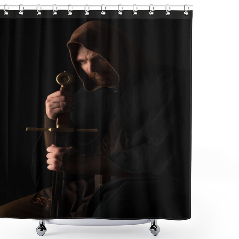 Personality  Tense Medieval Scottish Man In Mantel With Sword In Dark Isolated On Black Shower Curtains