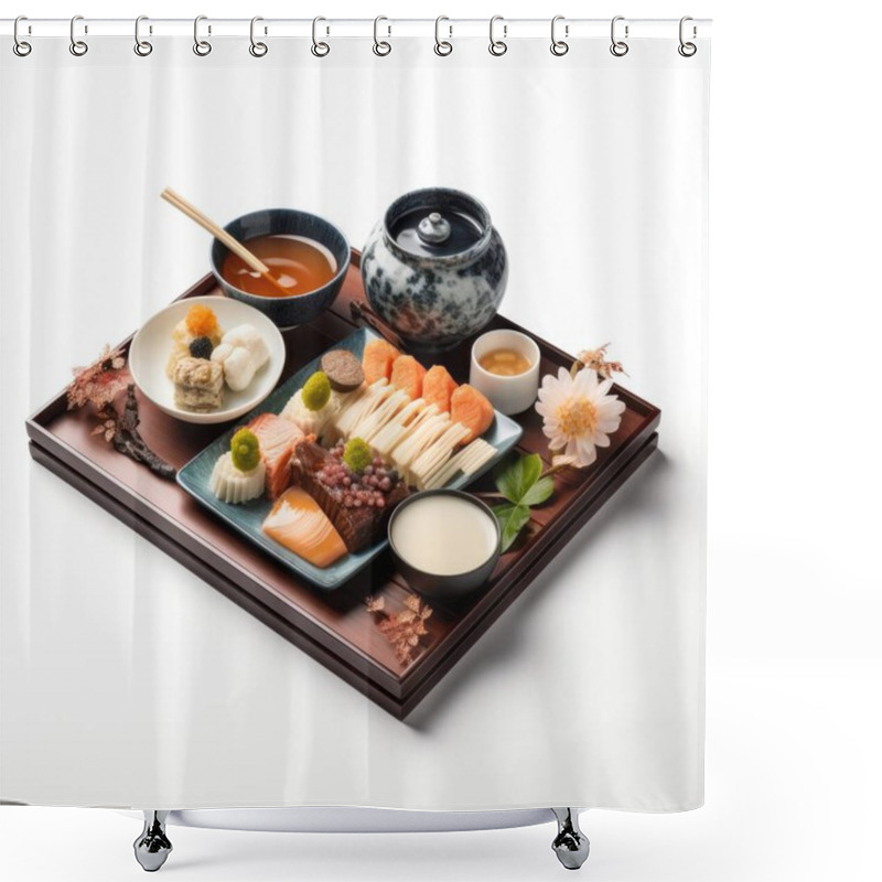 Personality  A Beautifully Arranged Japanese Meal Featuring A Variety Of Sushi, Sashimi, And Traditional Delicacies. Shower Curtains