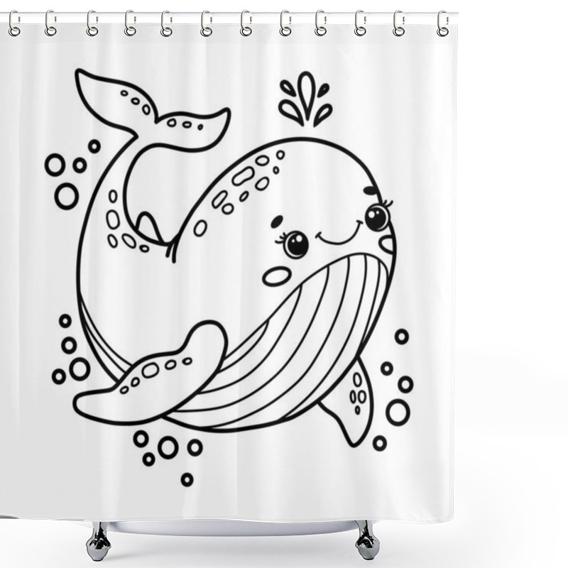 Personality  Vector Illustration Of Adorable Smiling Whale With Expressive Eyes And Playful Bubbles. Perfect For Childrens Coloring Books, Educational Materials, Or Creative Projects.  Shower Curtains