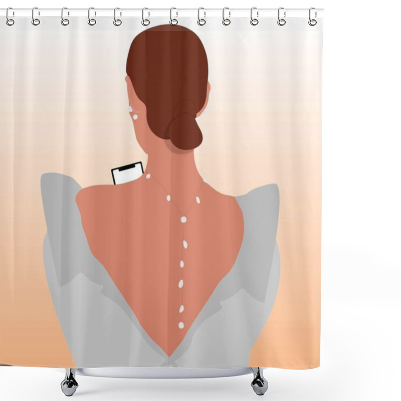 Personality  Brunette Girl With Smartphone In A White Dress Standing With Her Back With A Pearl Decoration Around Her Neck And Ears. Shower Curtains