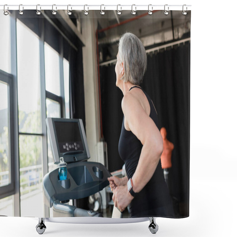 Personality  Retired Woman With Grey Hair Running On Treadmill Next To Sports Bottle With Water  Shower Curtains