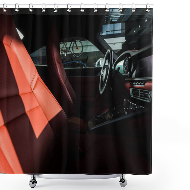 Personality  KYIV, UKRAINE - OCTOBER 7, 2019: Sunshine On Red Car Seats Near Steering Wheel  In Porshe Shower Curtains