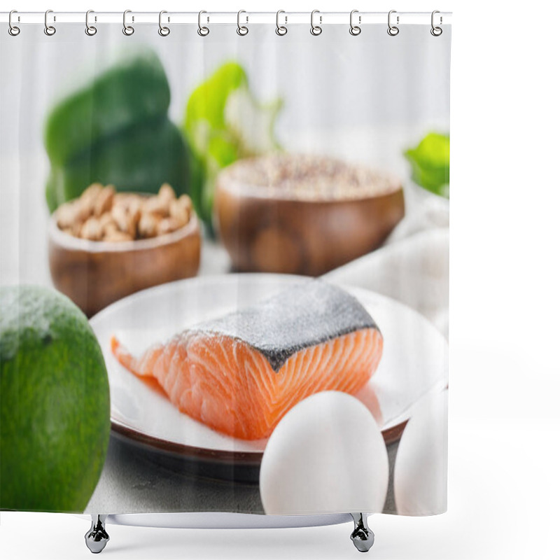 Personality  Selective Focus Of Fresh Raw Salmon On White Plate Near Avocado And Eggs, Ketogenic Diet Menu Shower Curtains