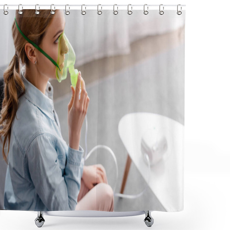 Personality  Selective Focus Of Asthmatic Woman In Respiratory Mask Using Compressor Inhaler  Shower Curtains