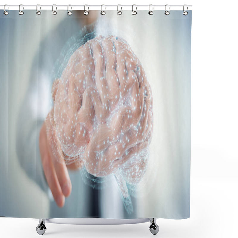 Personality  Businessman On Blurred Background Using Using Digital 3D Projection Of A Human Brain 3D Rendering Shower Curtains