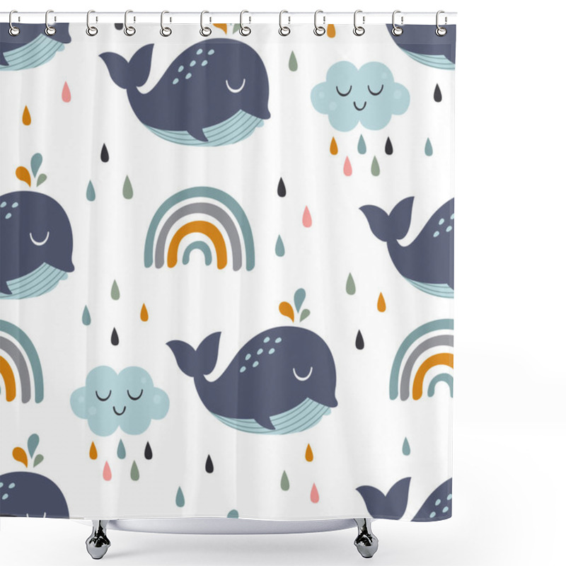 Personality  Seamless Pattern With Baby Whale, Rainbow And Cloud-  Vector Illustration, Eps Shower Curtains