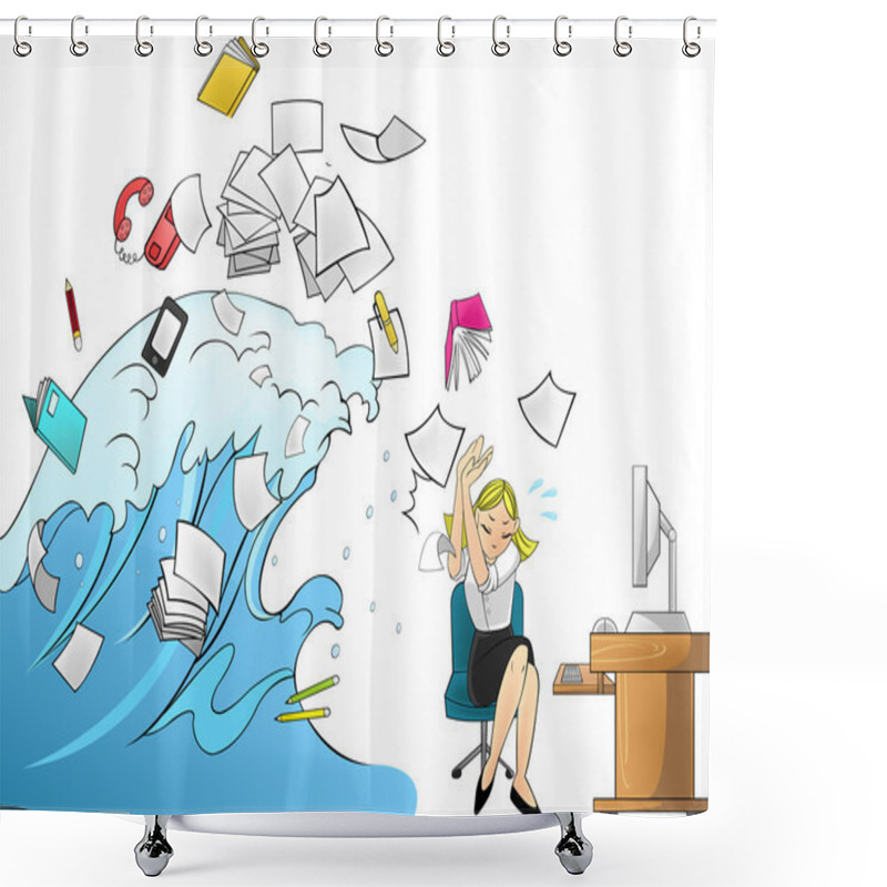 Personality  Tidal Wave Tsunami Of Workload With Office Tools In The Office Attacking A Female Secretary Or Businesswoman - Woman Version (cartoon Vector) Shower Curtains