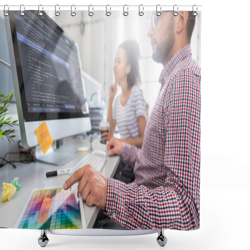 Personality  Man And Woman Programmers Working With Software Code On Computer Shower Curtains