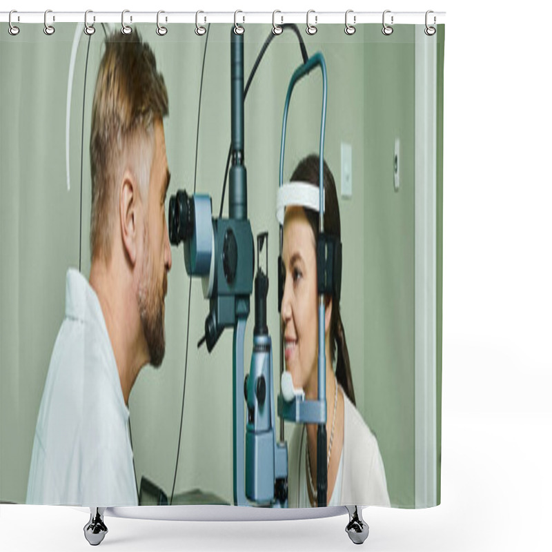 Personality  Good Looking Doctor Checking His Female Patient Vision. Shower Curtains