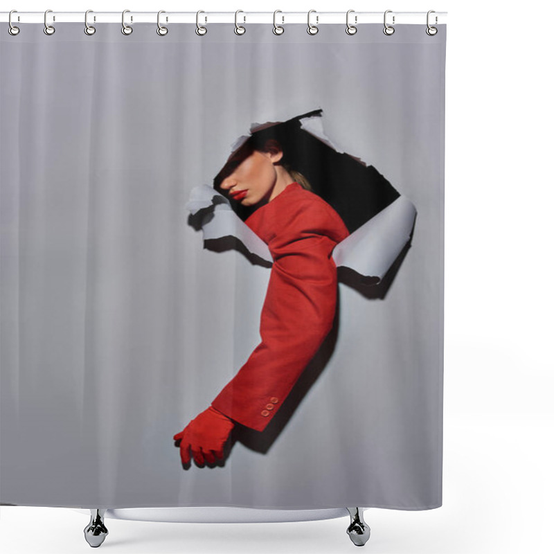 Personality  Cropped Shot Of Woman With Red Sleeve And Glove Breaking Though Hole In Grey Background, Conceptual Shower Curtains