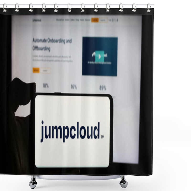 Personality  Stuttgart, Germany - 05-27-2024: Person Holding Cellphone With Logo Of US Cloud Software Company JumpCloud Inc. In Front Of Business Webpage. Focus On Phone Display. Shower Curtains