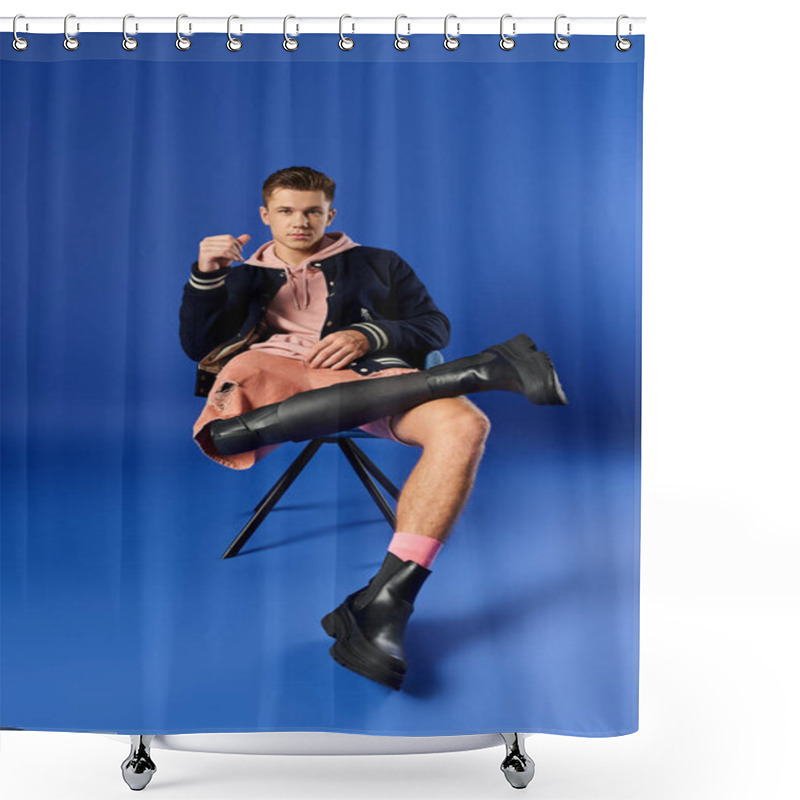 Personality  Young Man Proudly Displays His Stylish Look With A Prosthetic Leg While Sitting On A Chair. Shower Curtains