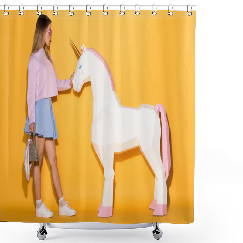 Personality  Side View Of Asian Female Model In Sunglasses Holding Handbag And Touching Decorative Unicorn On Yellow Background  Shower Curtains