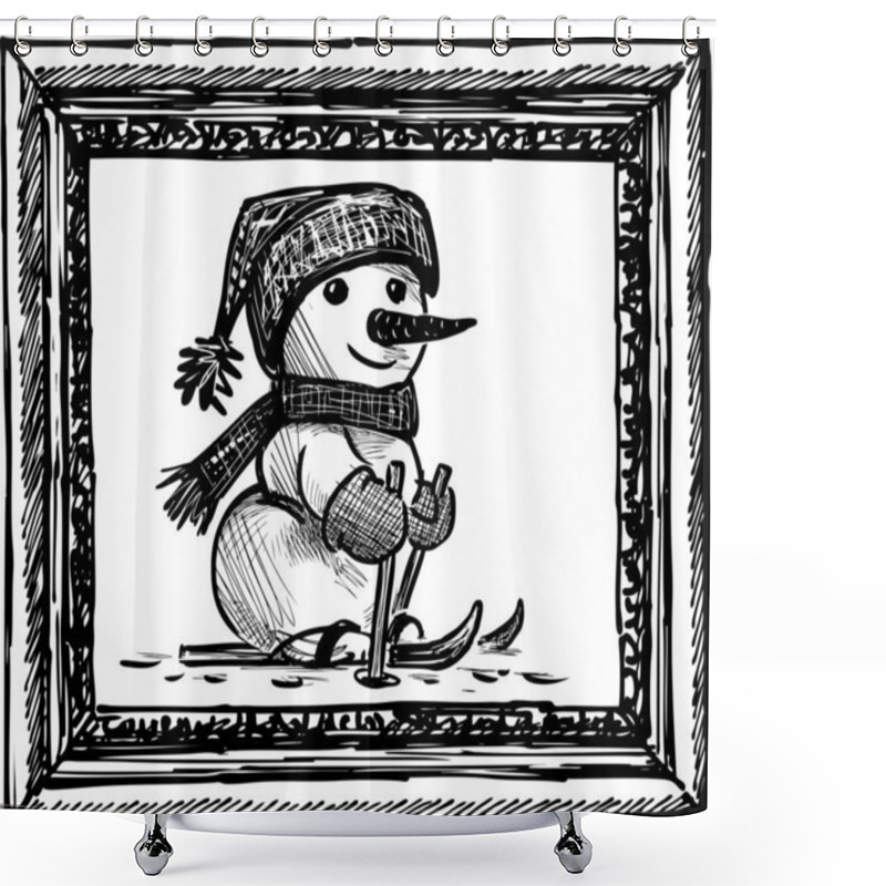 Personality  Sketch Of Cheerful Snowman Skiing In Decorative Picture Frame Shower Curtains